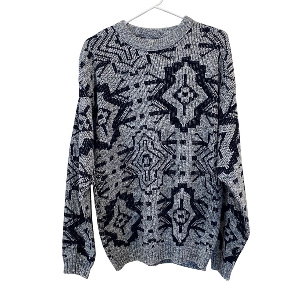 Vintage Le Tigre Mens Large‎ Aztec Knit Sweater Gray Navy Crewneck Long Sleeve